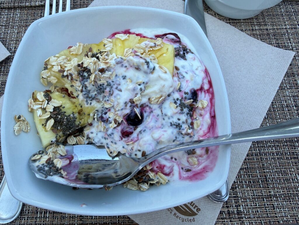 Yoghurt, fuit and oats.  Staying consistent on holiday with food choices.